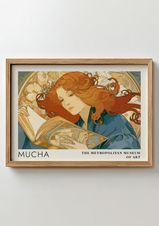 Wall art poster featuring Mucha Rêverie design with a woman reading amidst floral patterns.