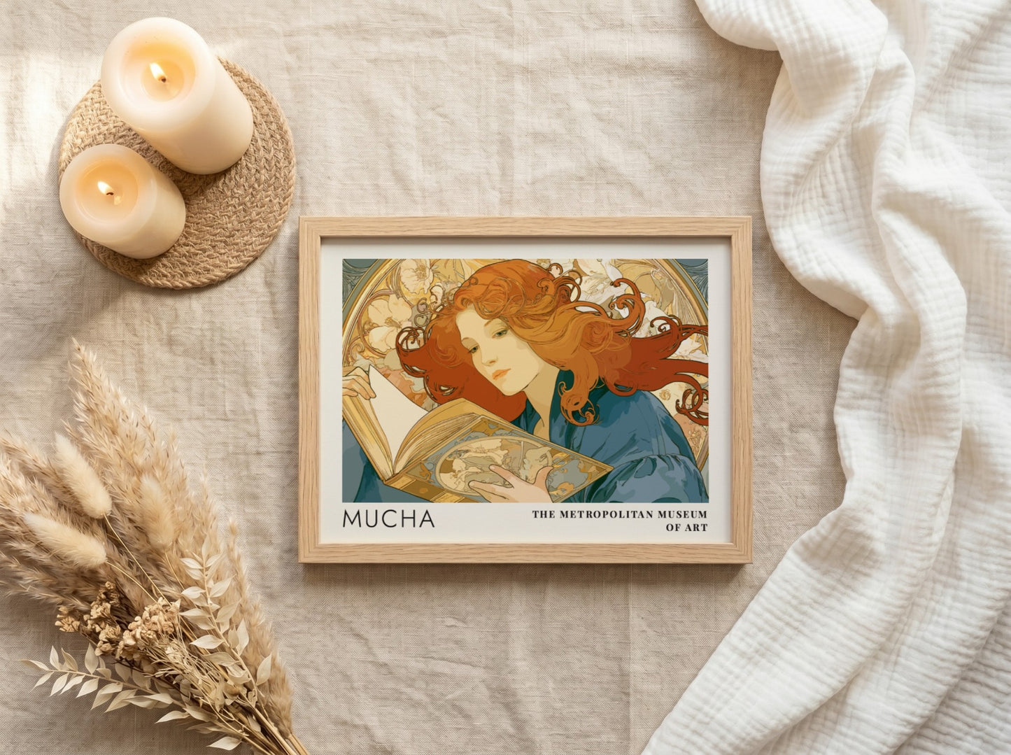 Wall art poster featuring Mucha Rêverie design with a woman reading amidst floral patterns.