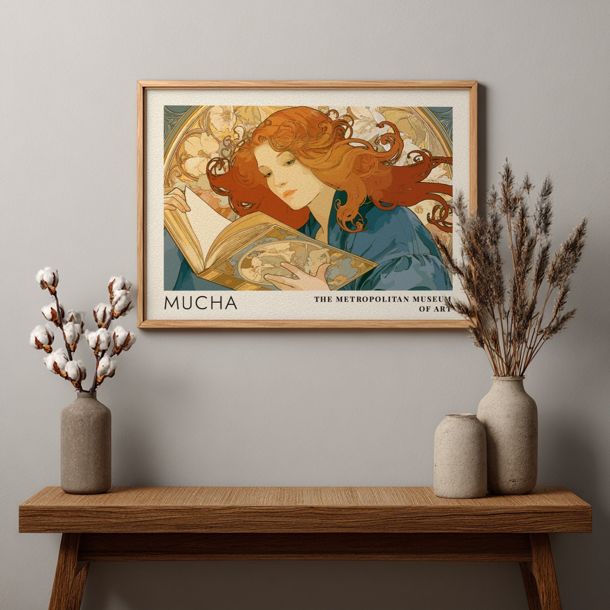 Wall art poster featuring Mucha Rêverie design with a woman reading amidst floral patterns.