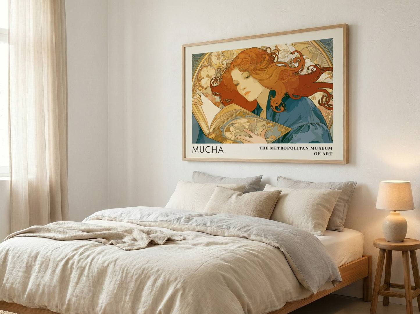 Wall art poster featuring Mucha Rêverie design with a woman reading amidst floral patterns.