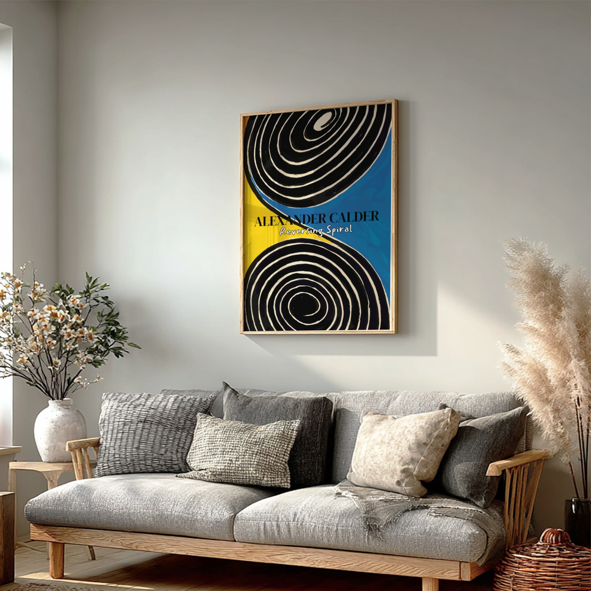 Poster of Alexander Calder's "Reversing Spiral" featuring black and white spirals on a yellow and blue