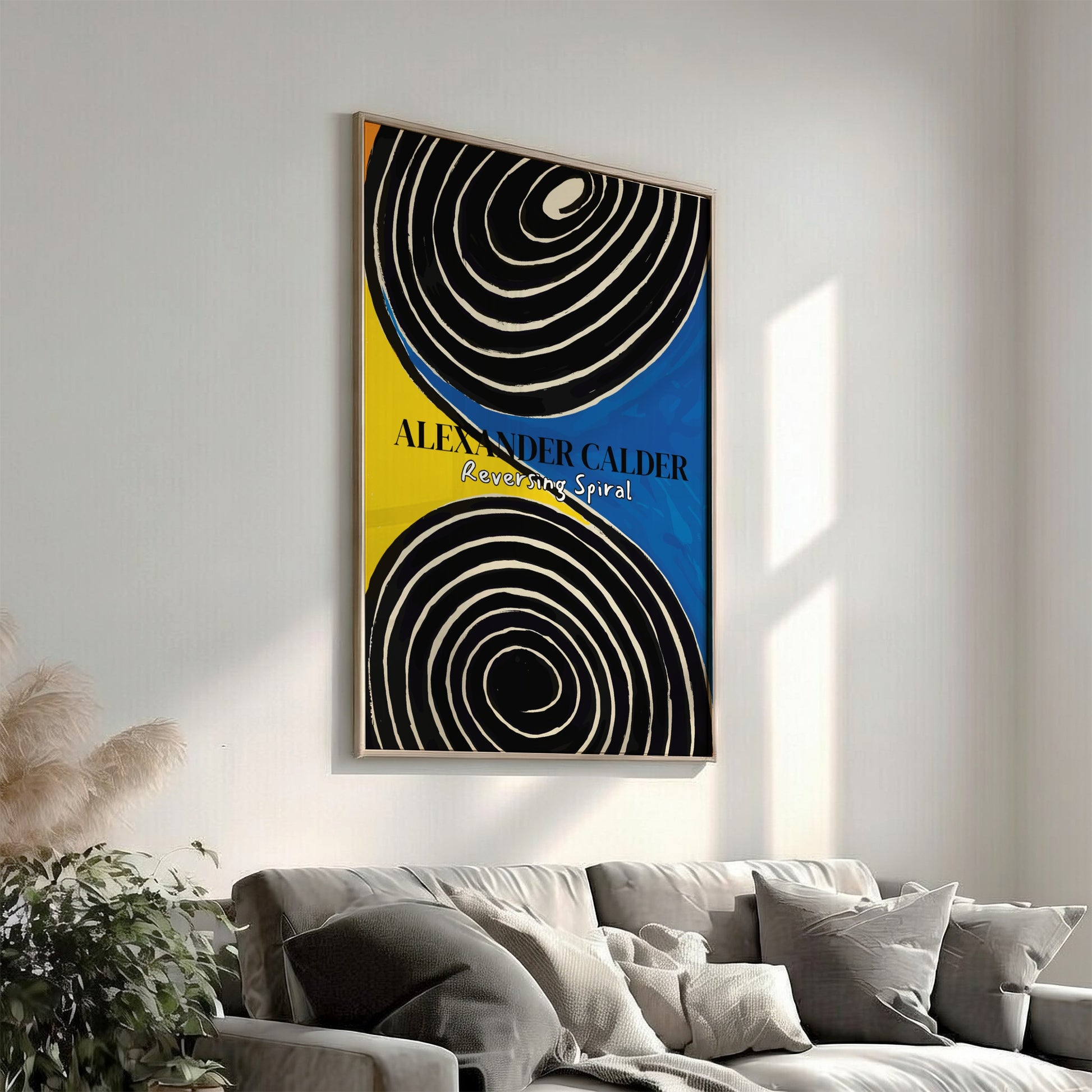 Poster of Alexander Calder's "Reversing Spiral" featuring black and white spirals on a yellow and blue