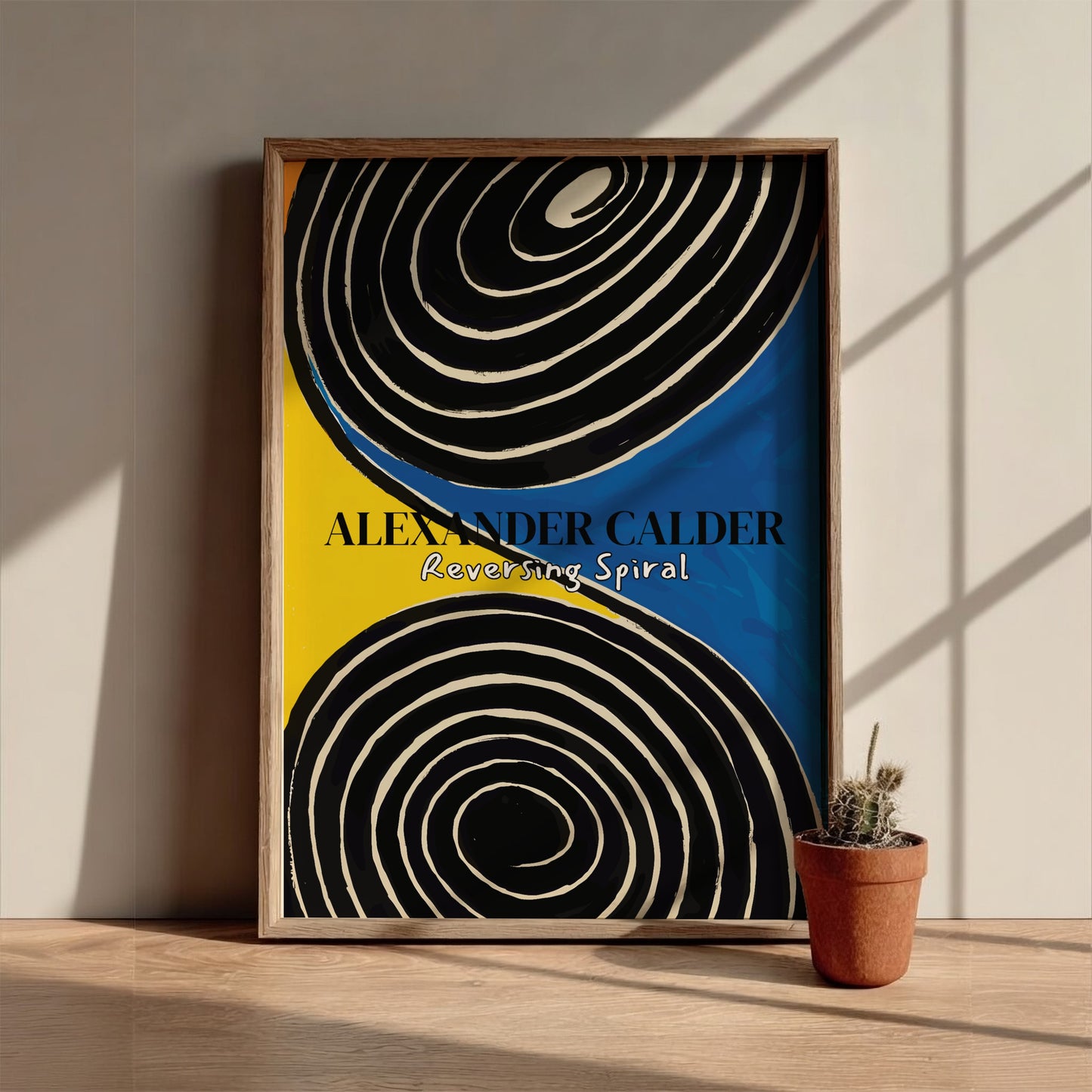 Poster of Alexander Calder's "Reversing Spiral" featuring black and white spirals on a yellow and blue