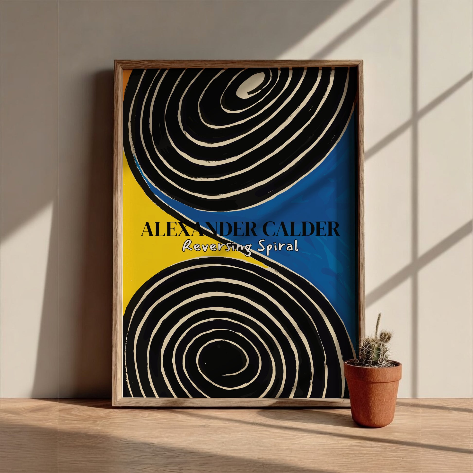 Poster of Alexander Calder's "Reversing Spiral" featuring black and white spirals on a yellow and blue