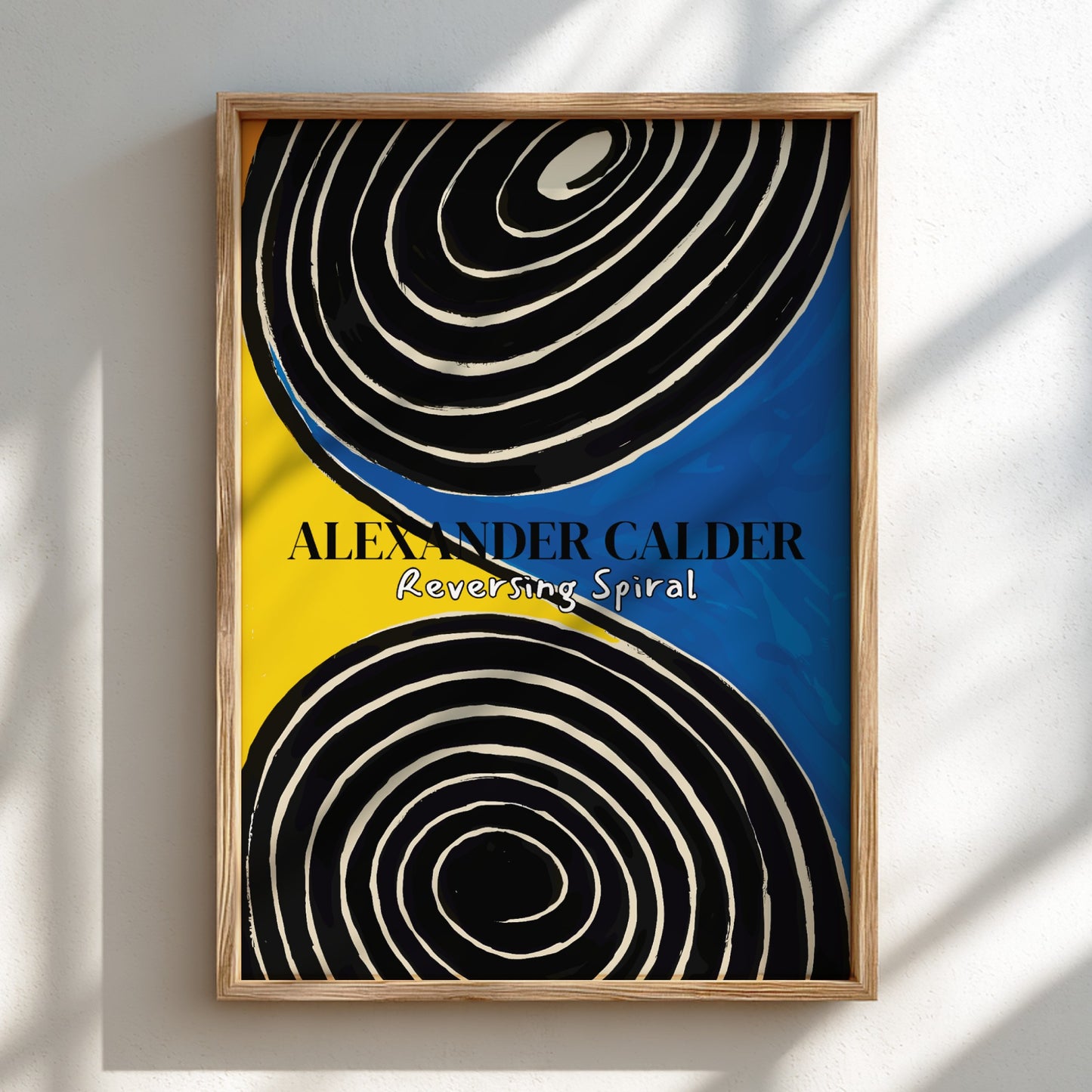 Poster of Alexander Calder's "Reversing Spiral" featuring black and white spirals on a yellow and blue