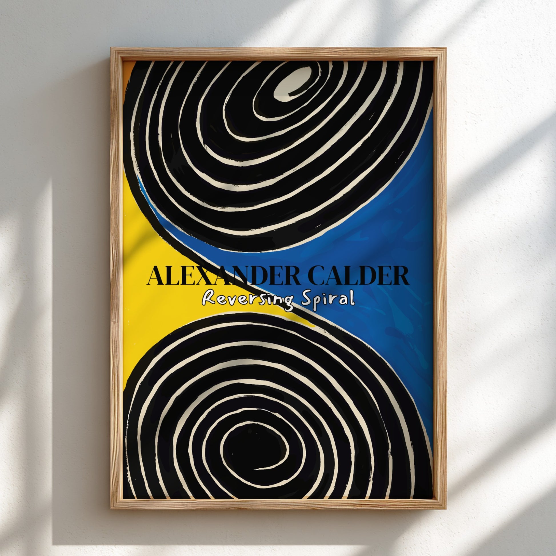Poster of Alexander Calder's "Reversing Spiral" featuring black and white spirals on a yellow and blue