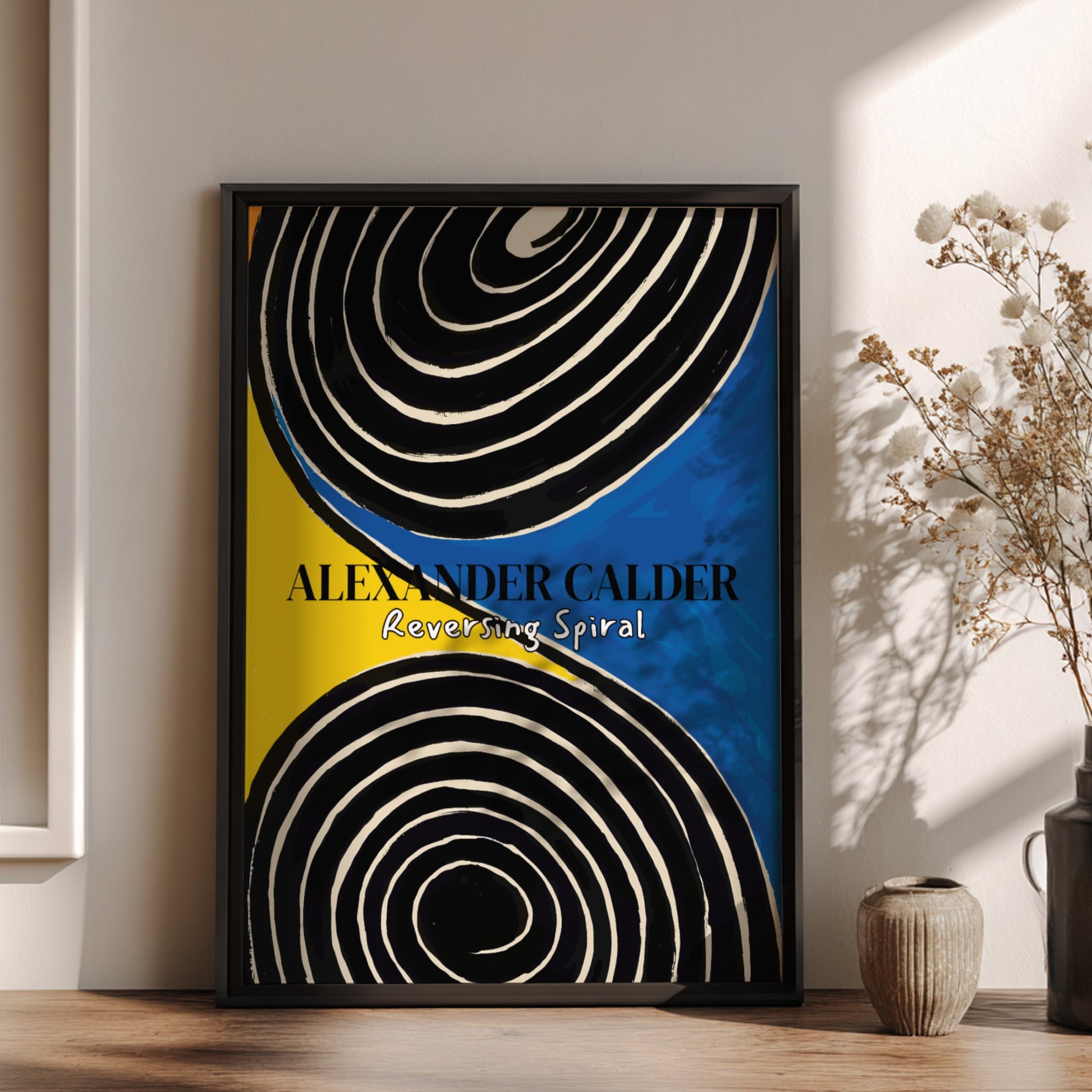 Poster of Alexander Calder's "Reversing Spiral" featuring black and white spirals on a yellow and blue