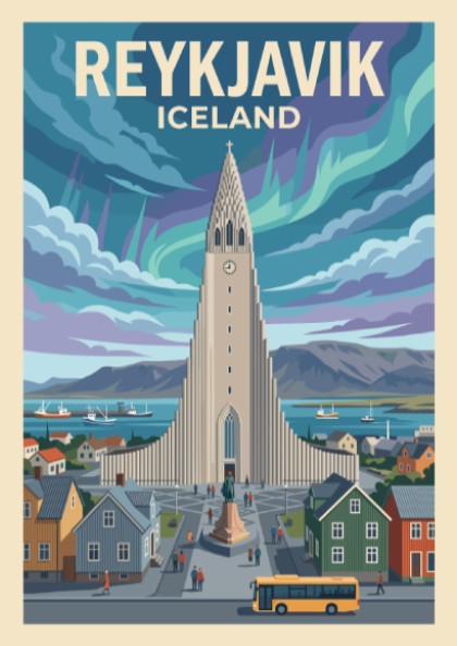 Reykjavik Iceland travel poster featuring the iconic church under colourful northern lights and buildings.
