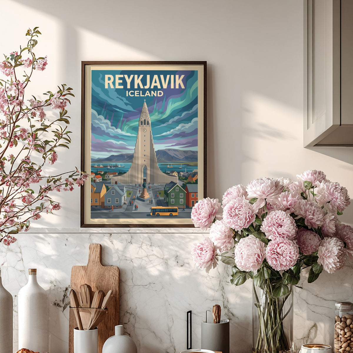 Reykjavik Iceland travel poster featuring the iconic church under colourful northern lights and buildings.