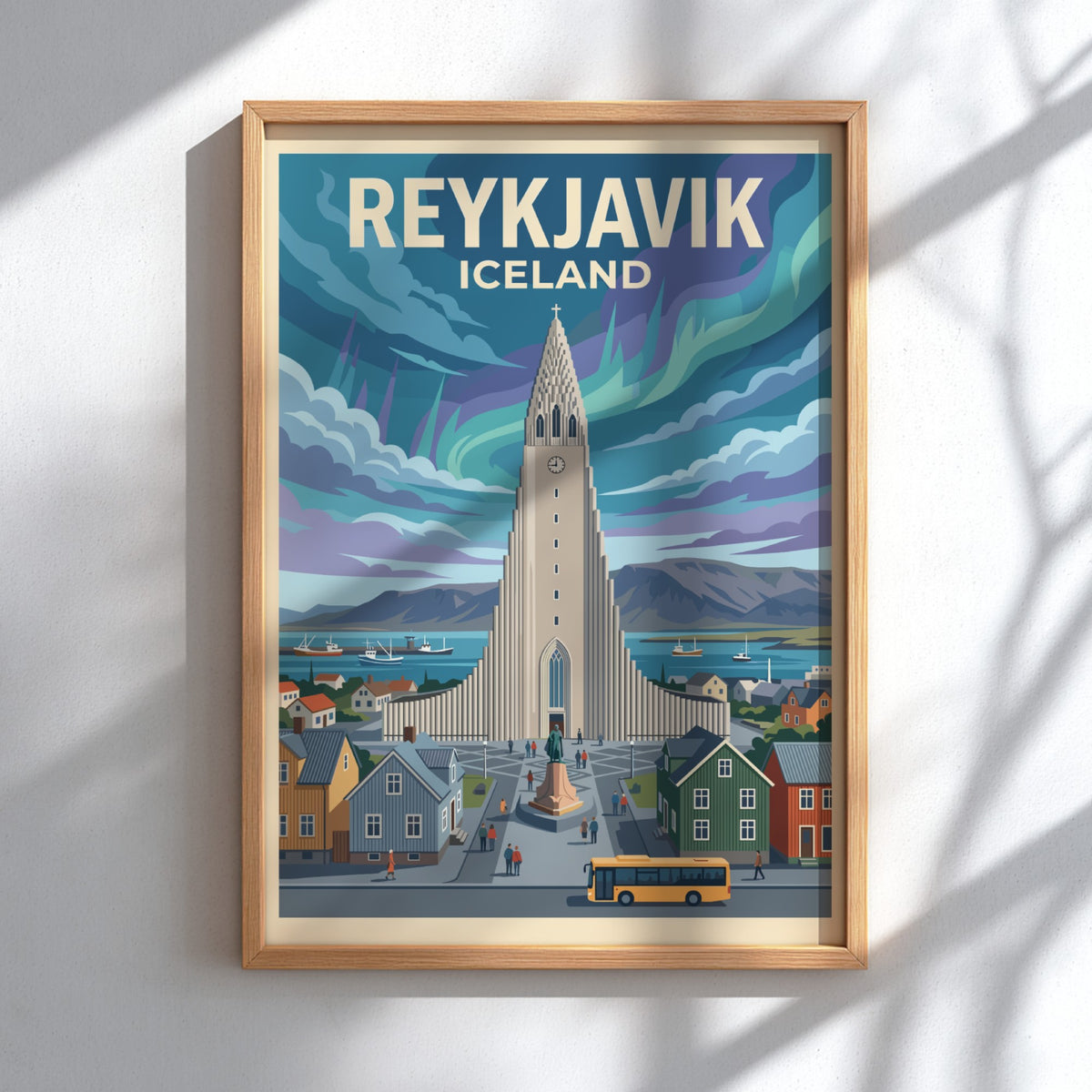 Reykjavik Iceland travel poster featuring the iconic church under colourful northern lights and buildings.