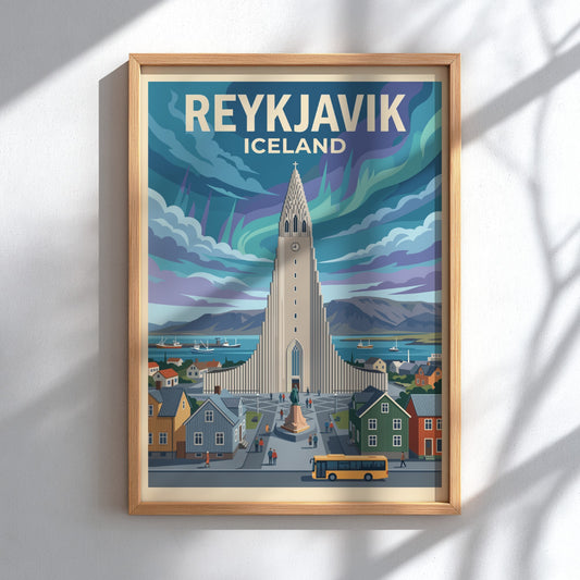 Reykjavik Iceland travel poster featuring the iconic church under colourful northern lights and buildings.