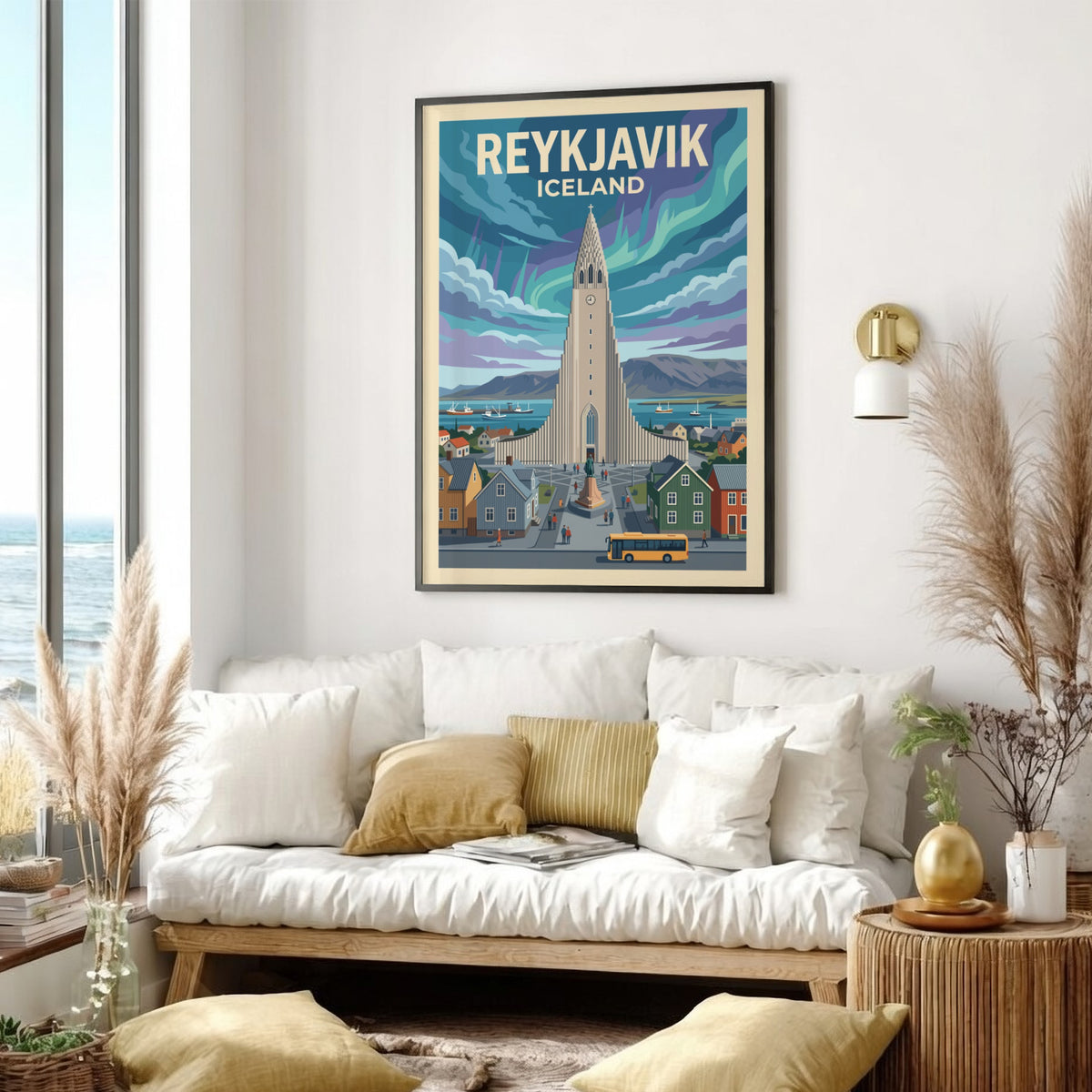 Reykjavik Iceland travel poster featuring the iconic church under colourful northern lights and buildings.