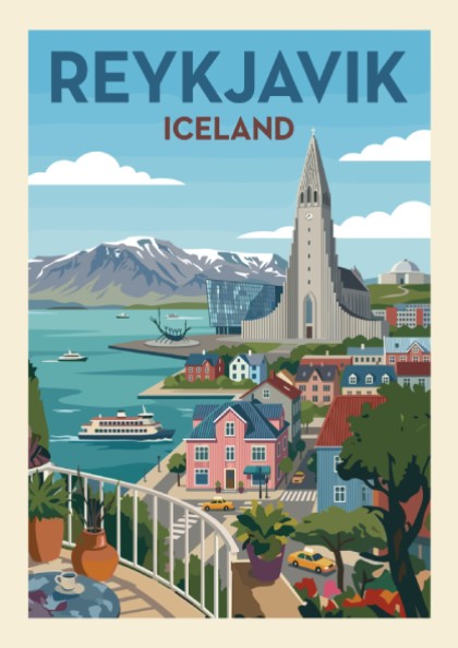 Retro Reykjavik travel poster featuring Hallgrímskirkja church, colorful buildings, and mountains.