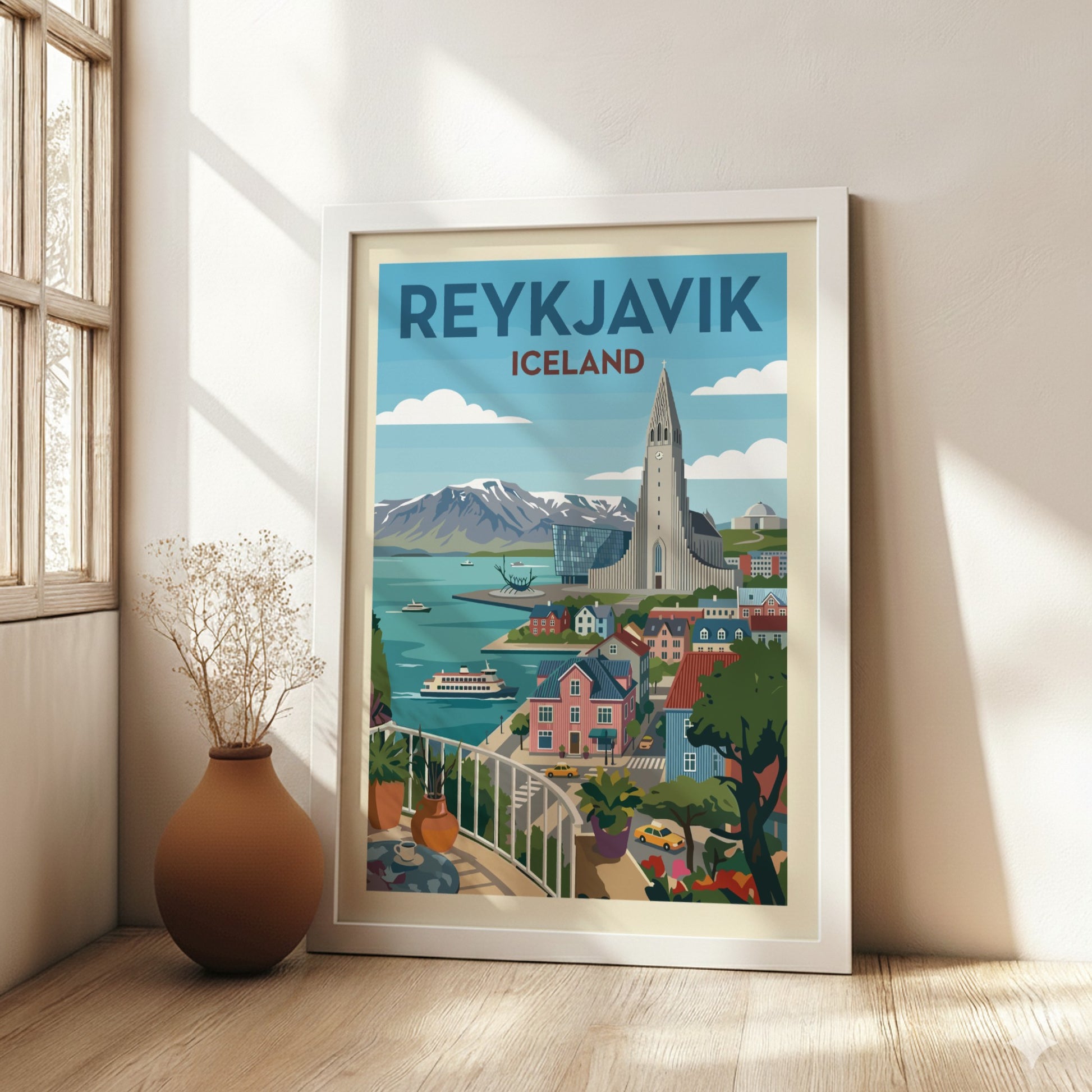 Retro Reykjavik travel poster featuring Hallgrímskirkja church, colorful buildings, and mountains.