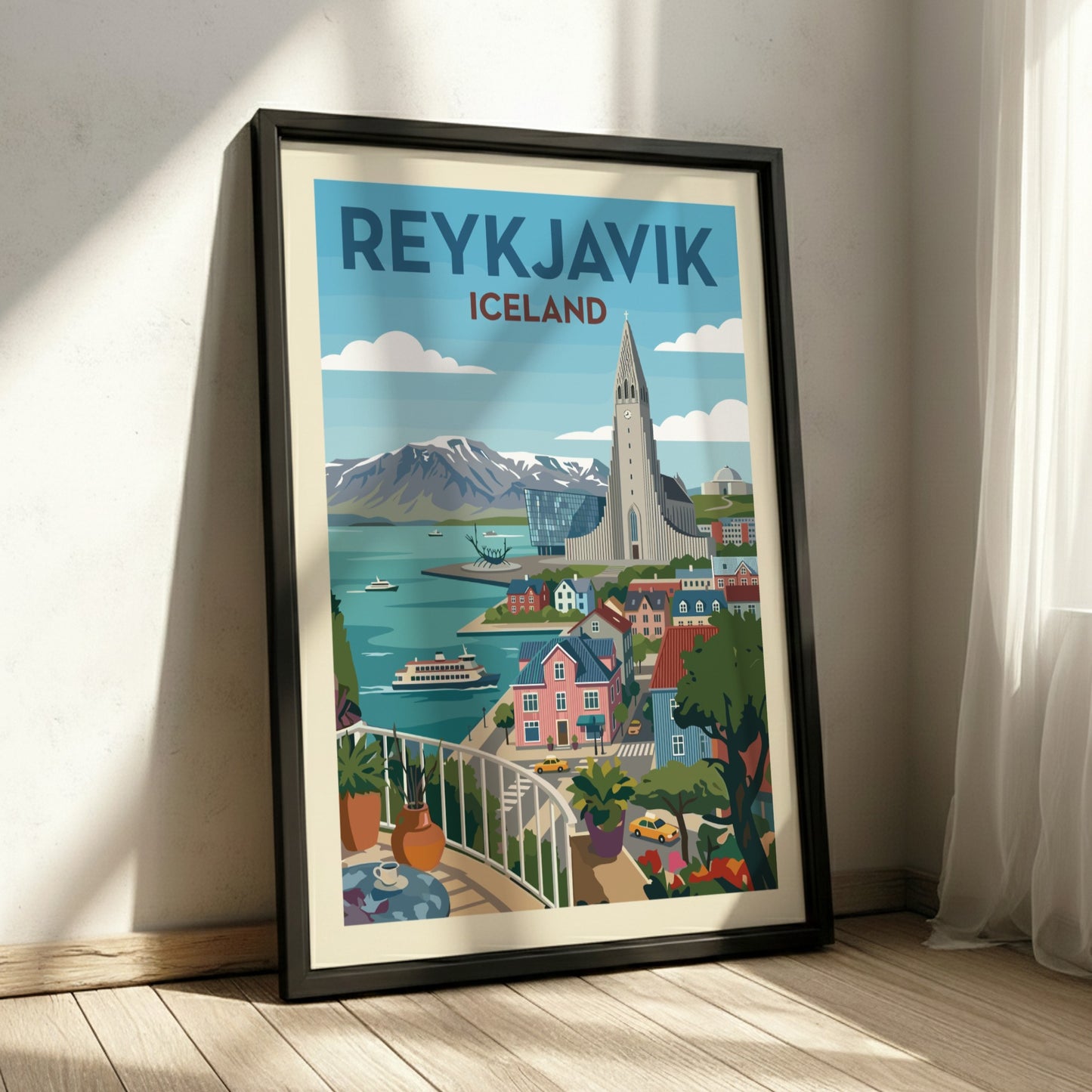 Retro Reykjavik travel poster featuring Hallgrímskirkja church, colorful buildings, and mountains.