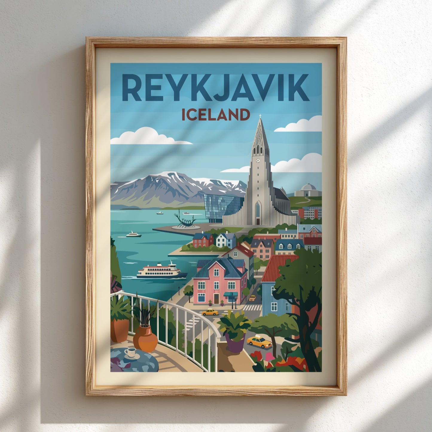 Retro Reykjavik travel poster featuring Hallgrímskirkja church, colorful buildings, and mountains.