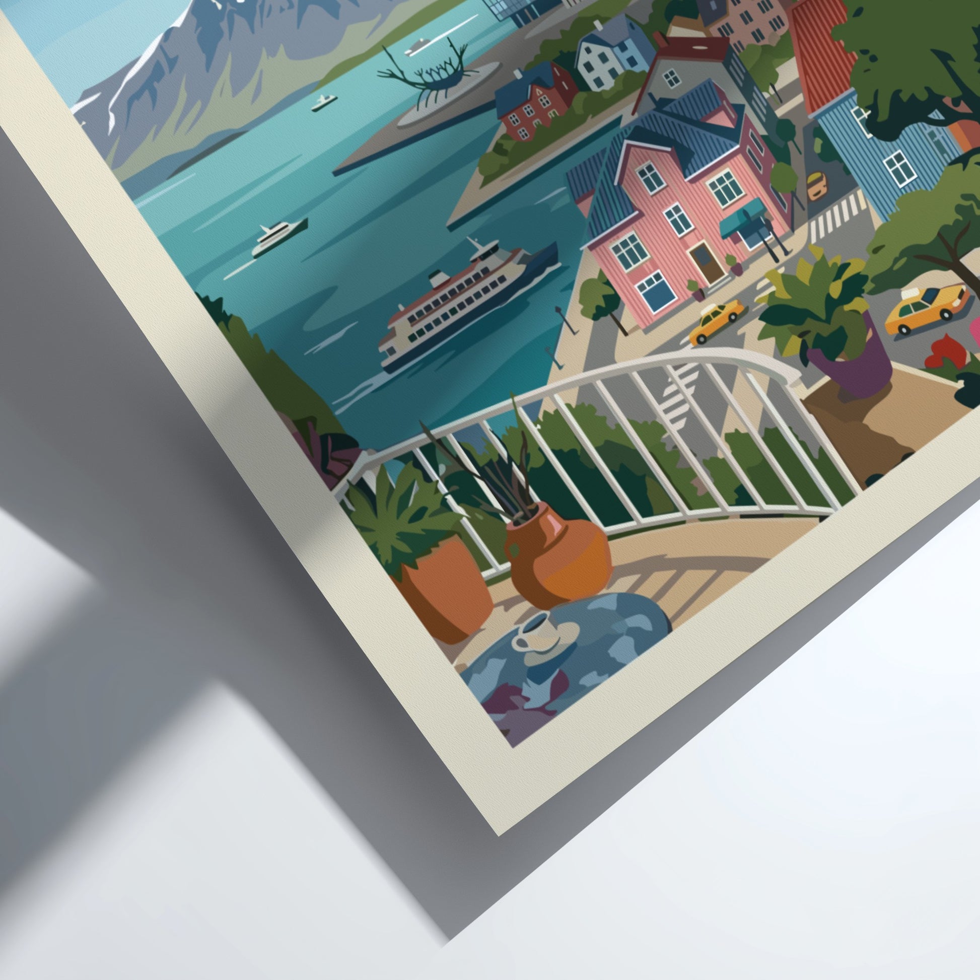 Retro Reykjavik travel poster featuring Hallgrímskirkja church, colorful buildings, and mountains.