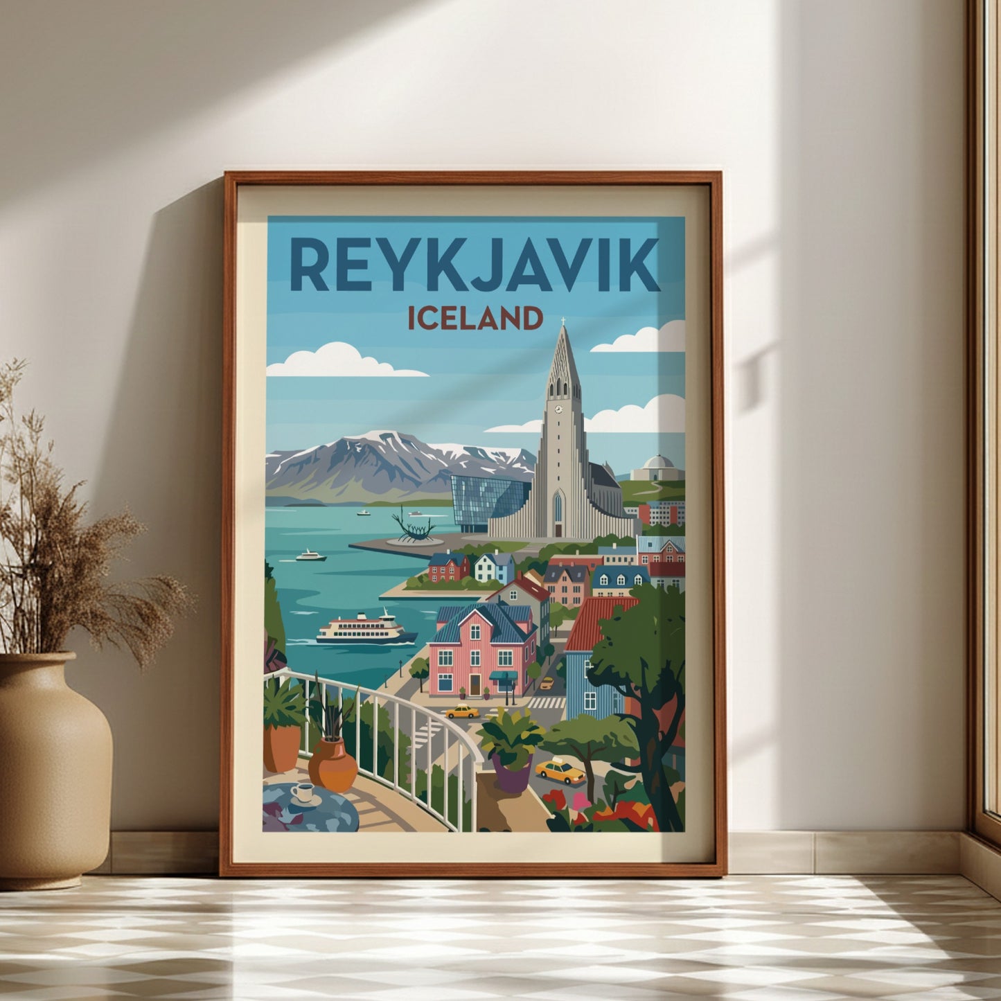 Retro Reykjavik travel poster featuring Hallgrímskirkja church, colorful buildings, and mountains.