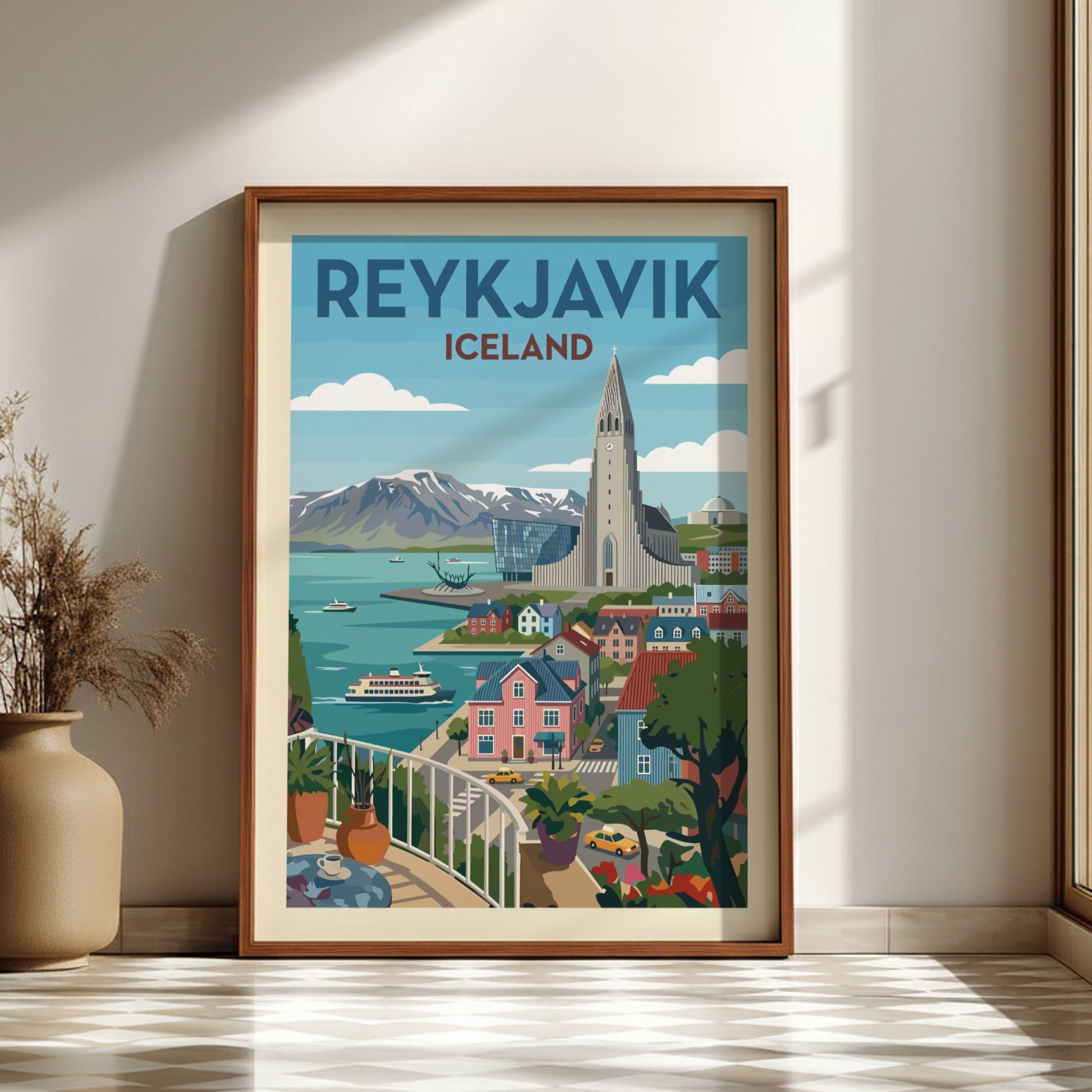 Retro Reykjavik travel poster featuring Hallgrímskirkja church, colorful buildings, and mountains.