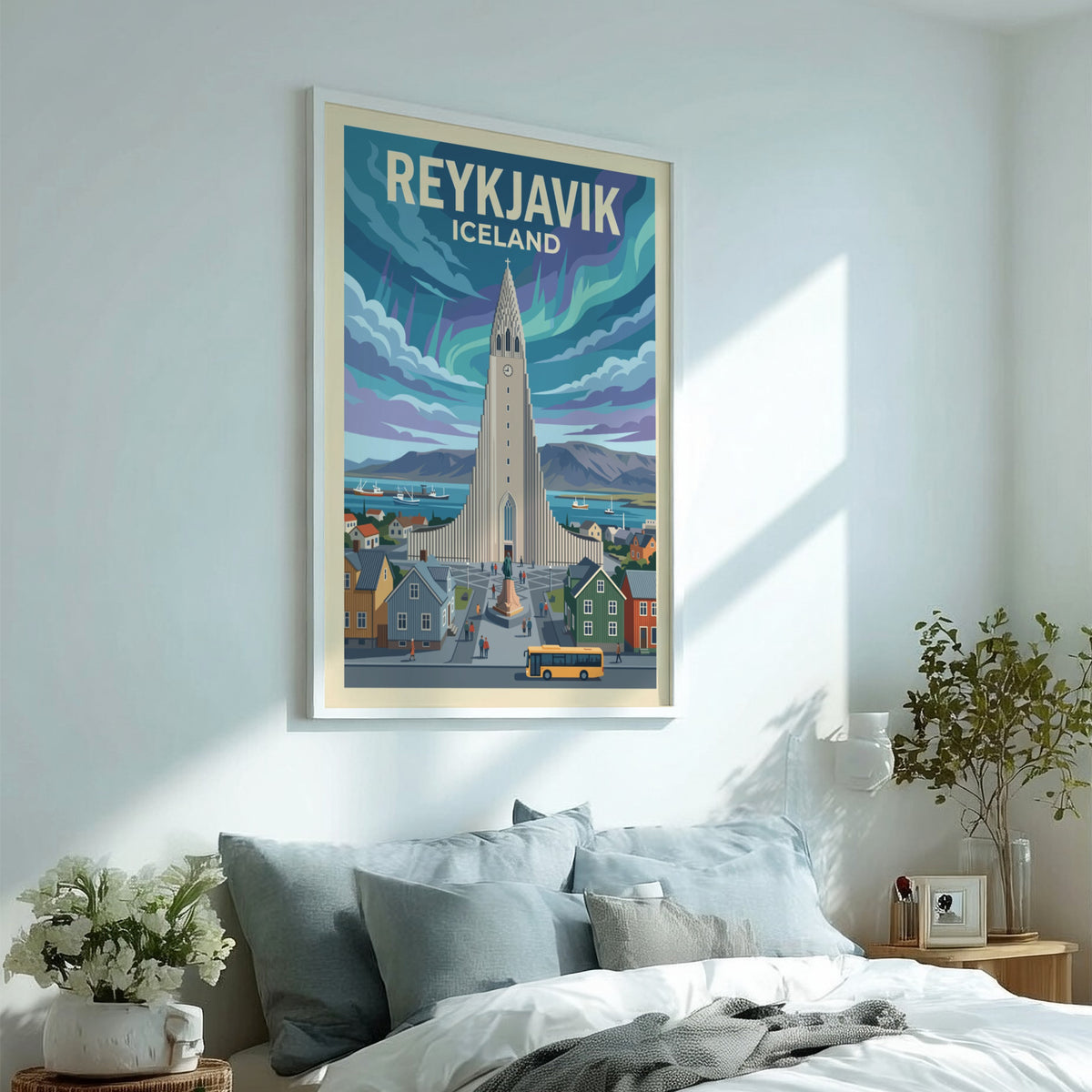 Reykjavik Iceland travel poster featuring the iconic church under colourful northern lights and buildings.