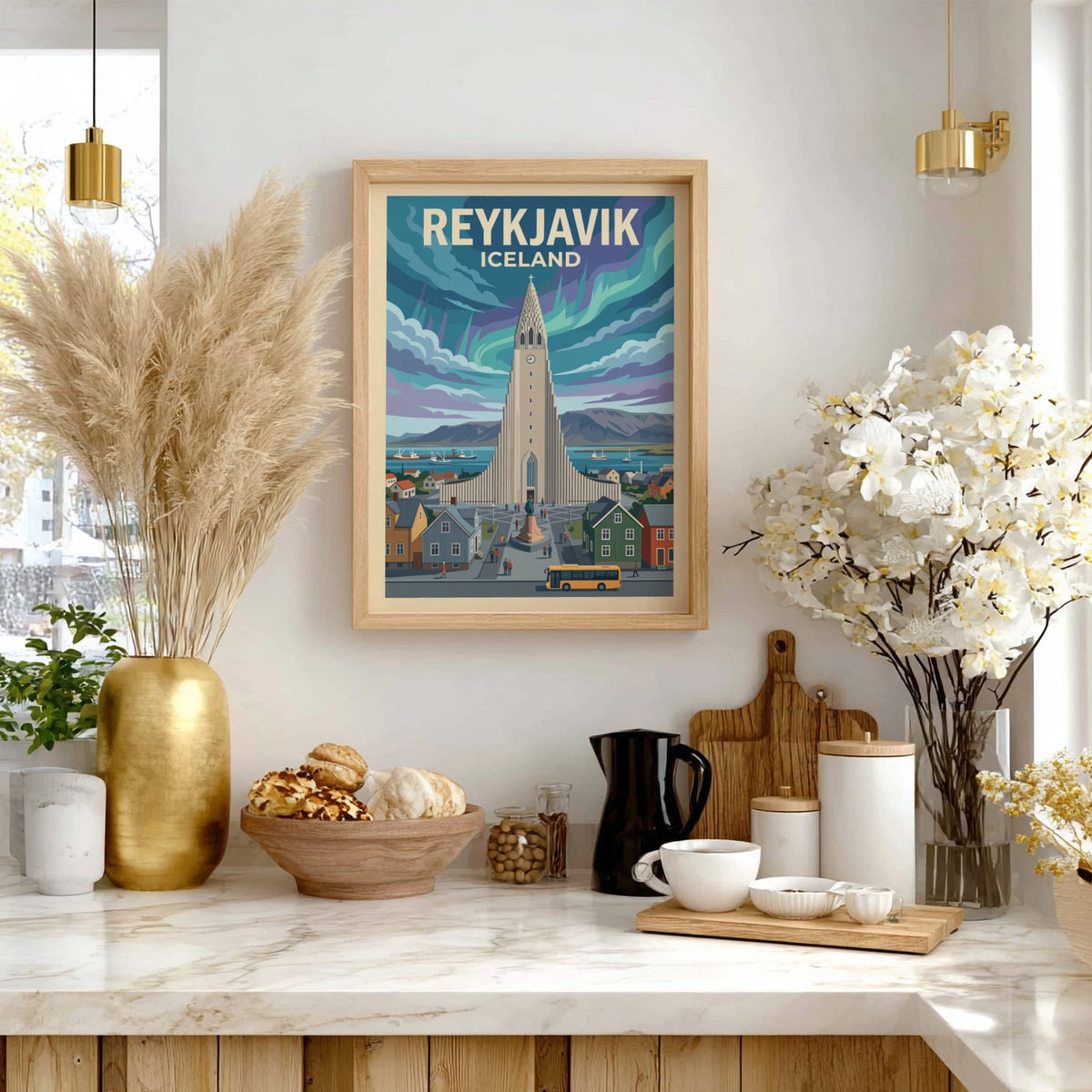 Reykjavik Iceland travel poster featuring the iconic church under colourful northern lights and buildings.