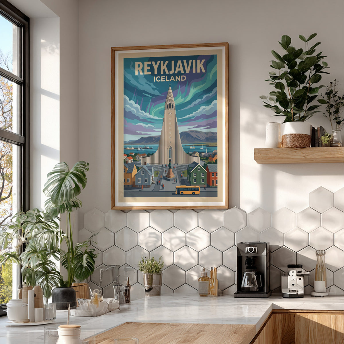 Reykjavik Iceland travel poster featuring the iconic church under colourful northern lights and buildings.