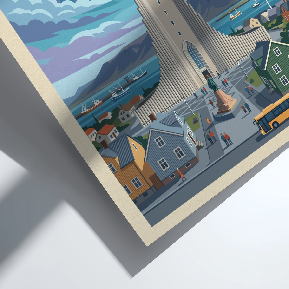 Reykjavik Iceland travel poster featuring the iconic church under colourful northern lights and buildings.