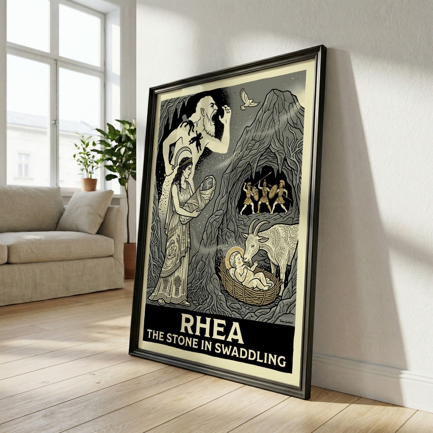 Rhea Greek Mythology poster featuring the Titaness holding a swaddled stone, with Cronus and warriors in a
