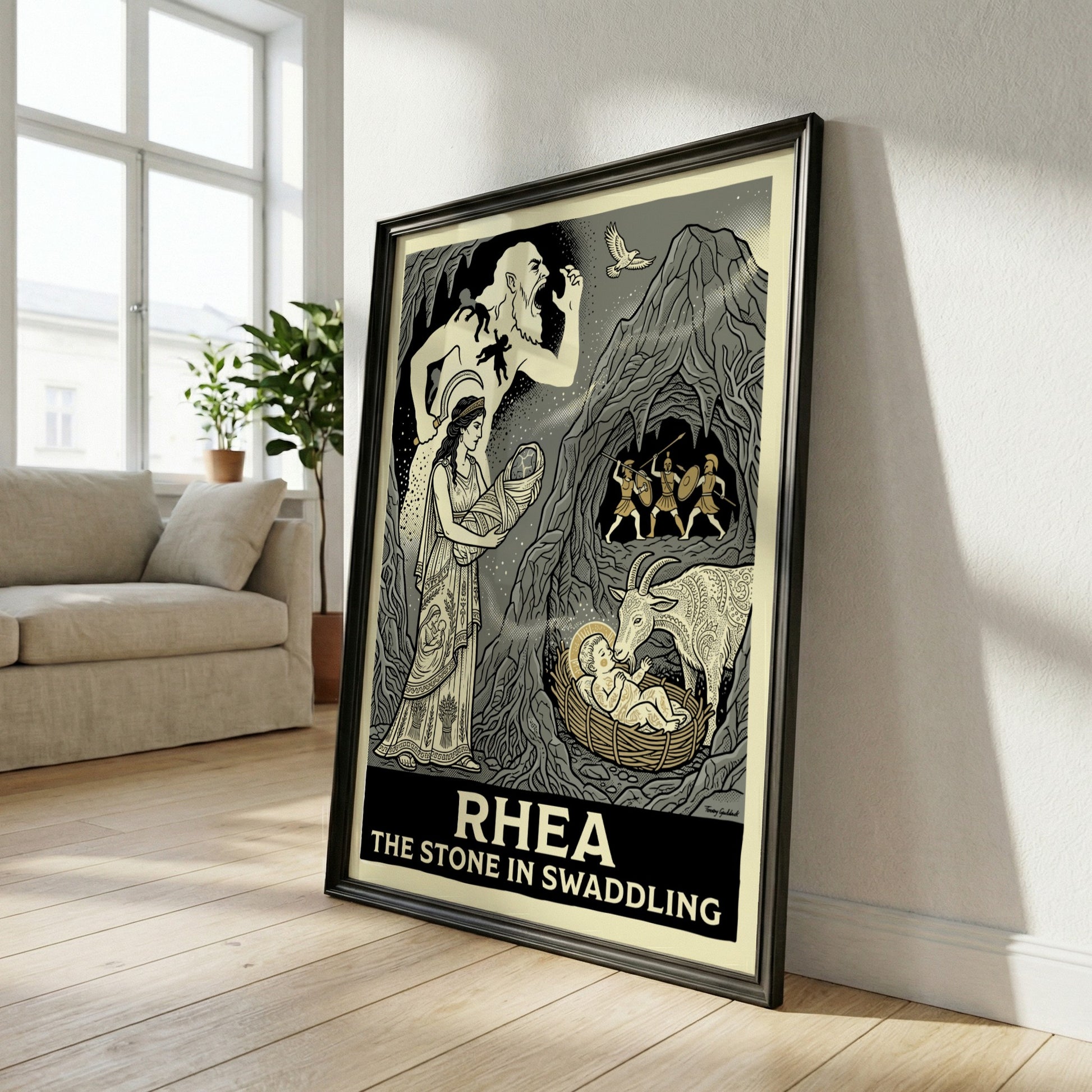 Rhea Greek Mythology poster featuring the Titaness holding a swaddled stone, with Cronus and warriors in a