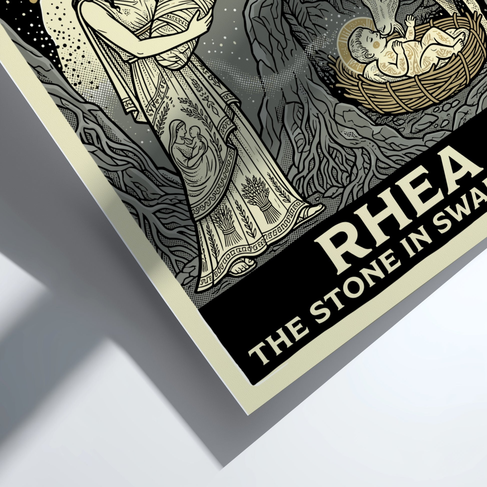 Rhea Greek Mythology poster featuring the Titaness holding a swaddled stone, with Cronus and warriors in a