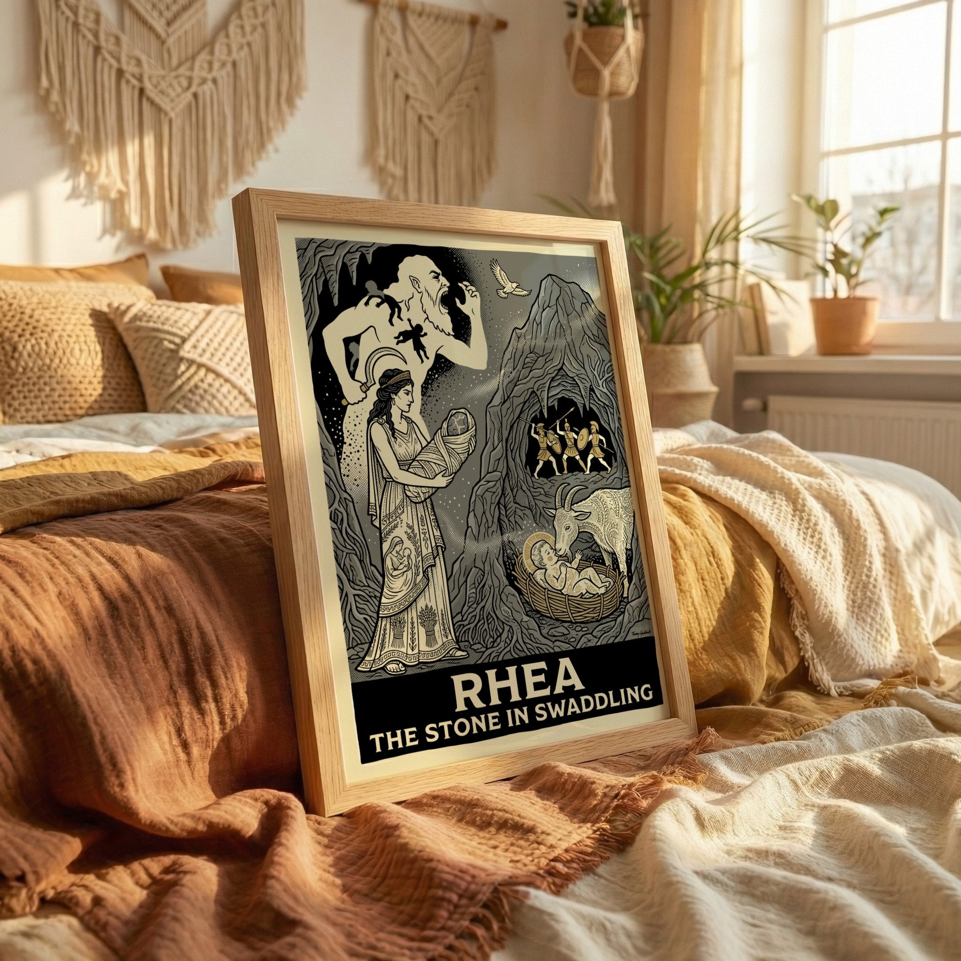 Rhea Greek Mythology poster featuring the Titaness holding a swaddled stone, with Cronus and warriors in a
