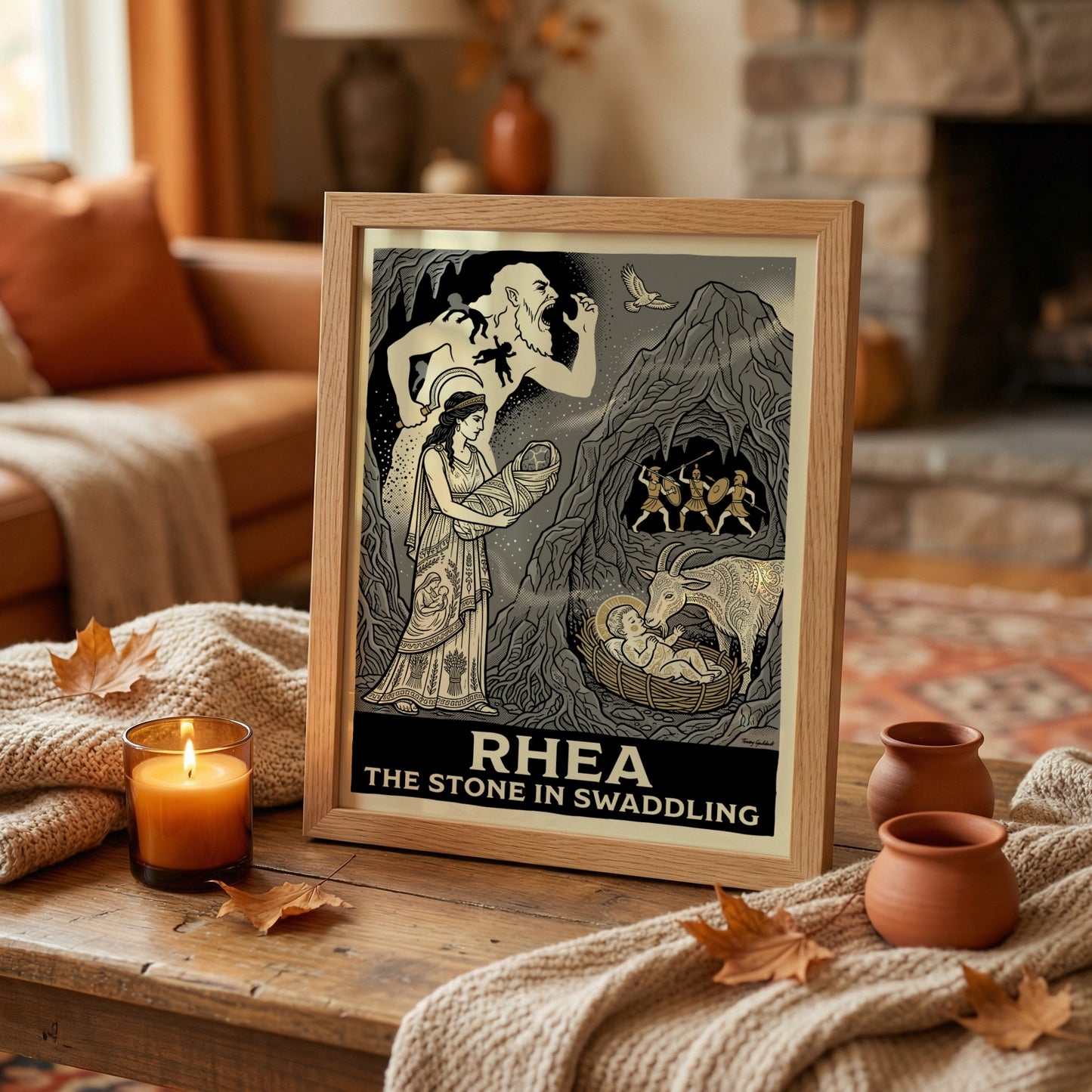 Rhea Greek Mythology poster featuring the Titaness holding a swaddled stone, with Cronus and warriors in a