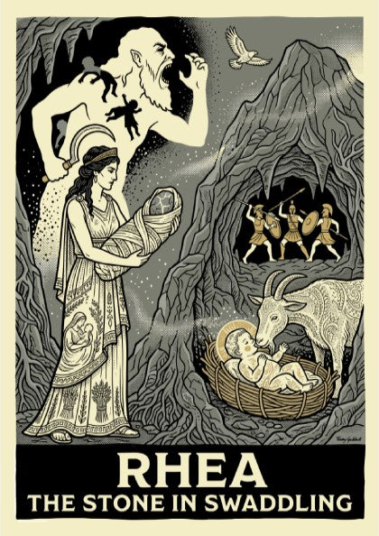 Rhea Greek Mythology poster featuring the Titaness holding a swaddled stone, with Cronus and warriors in a