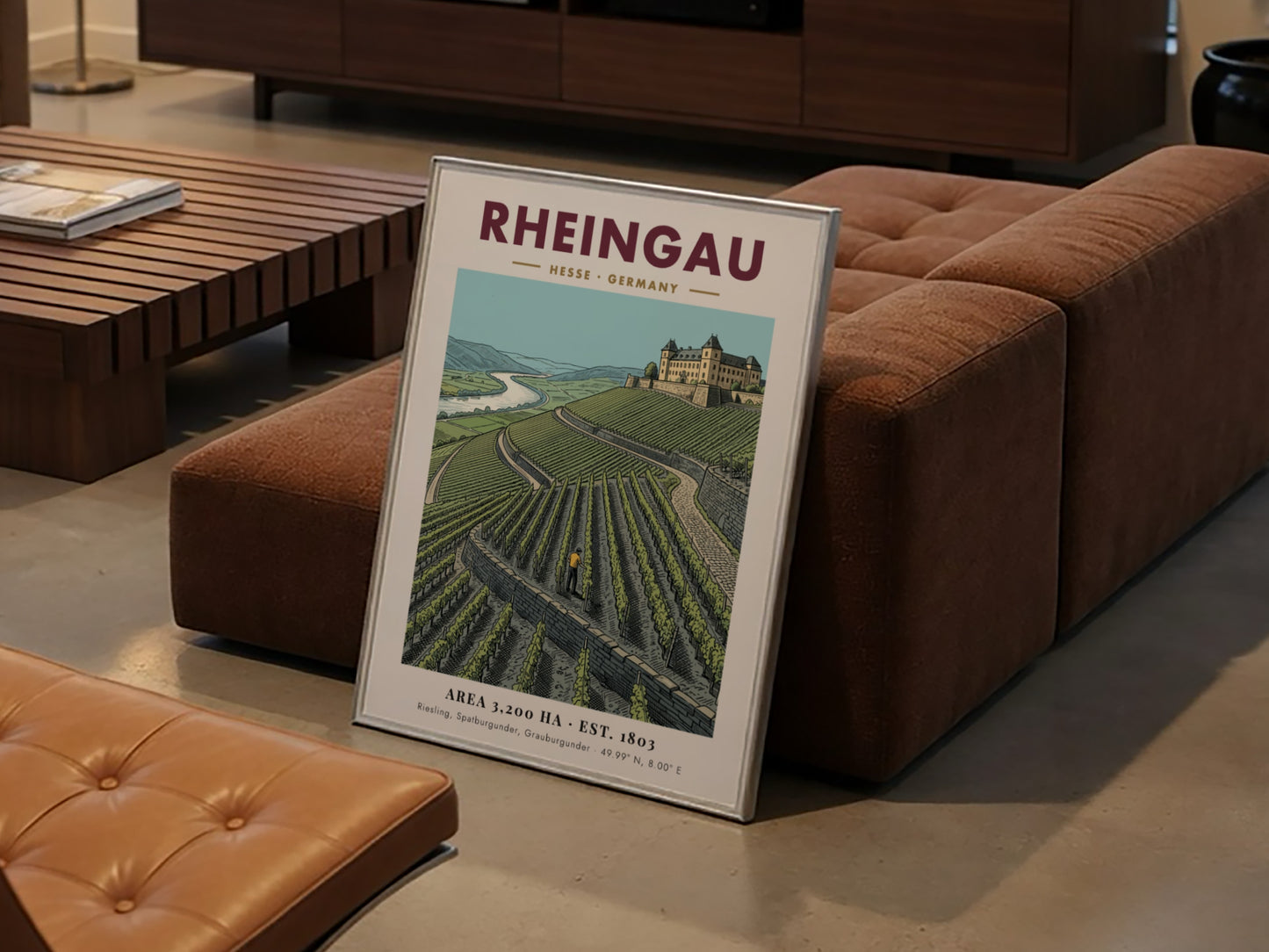 Poster featuring the Rheingau wine region with green vineyards and a historic castle.