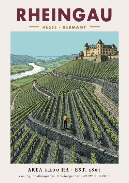Poster featuring the Rheingau wine region with green vineyards and a historic castle.