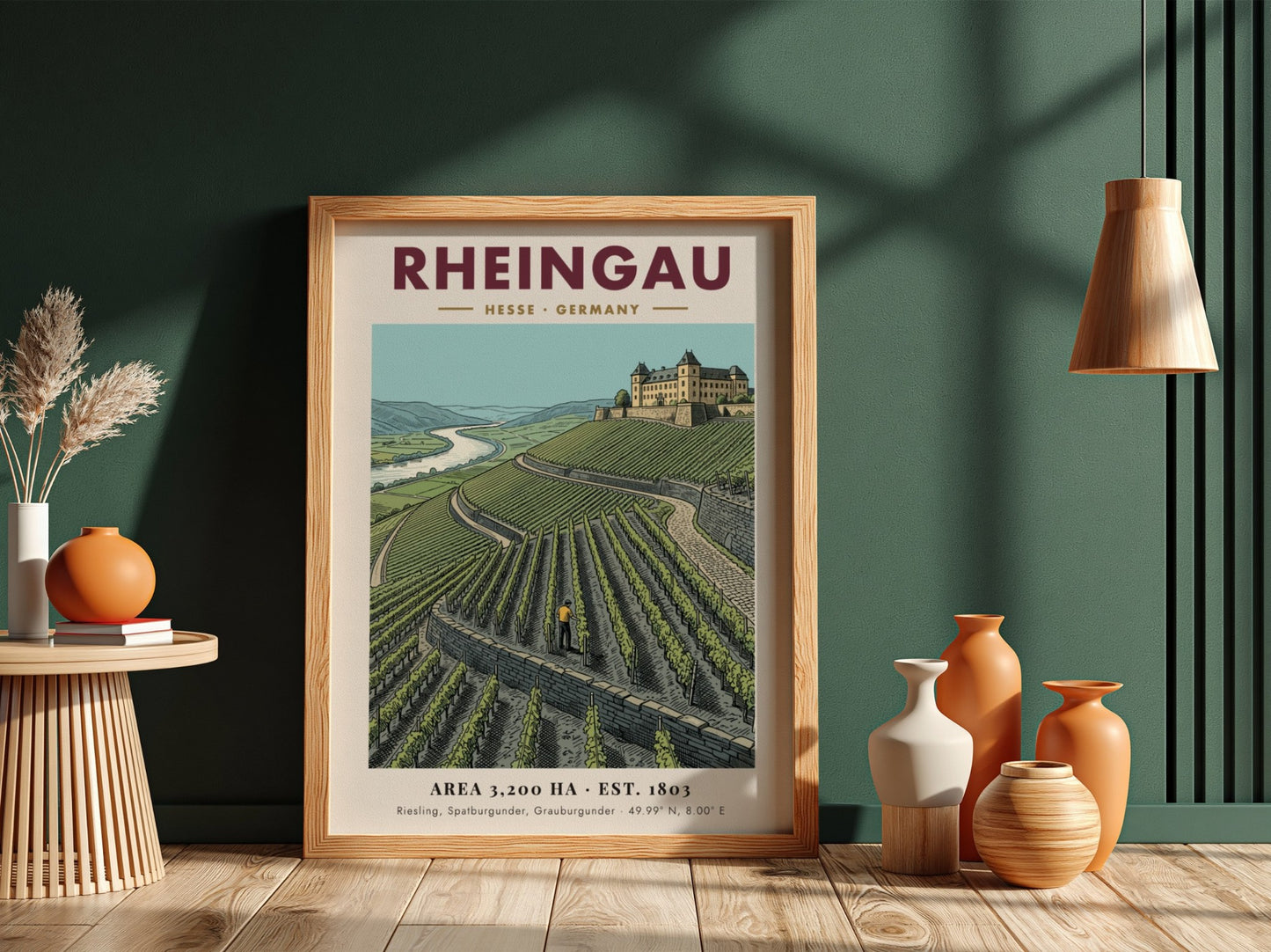 Poster featuring the Rheingau wine region with green vineyards and a historic castle.