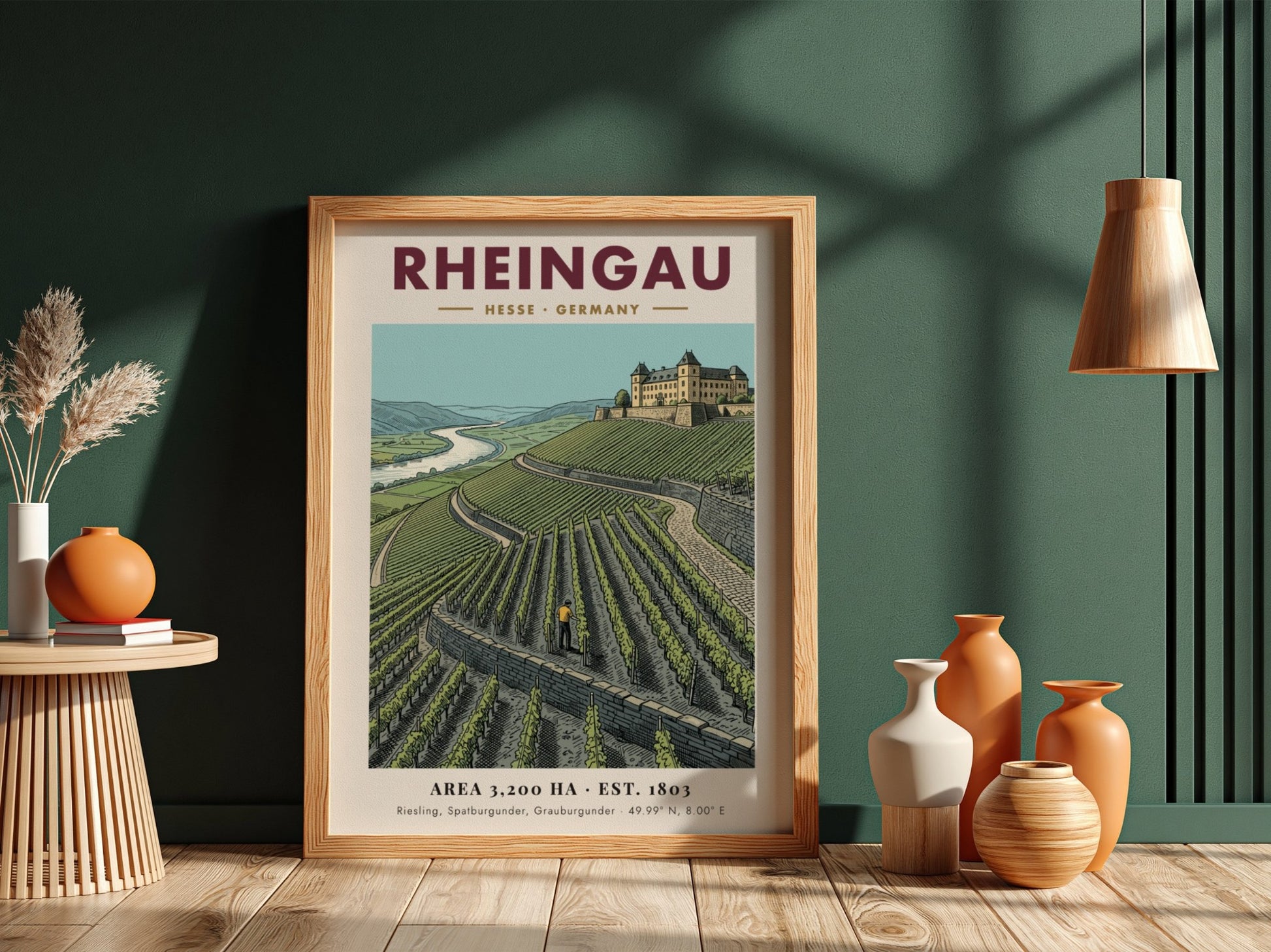 Poster featuring the Rheingau wine region with green vineyards and a historic castle.