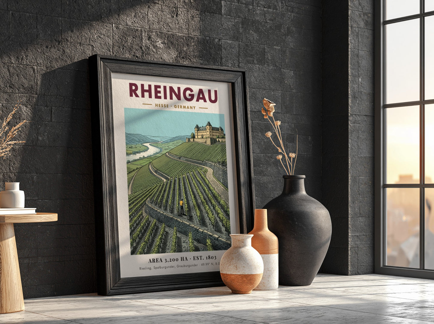 Poster featuring the Rheingau wine region with green vineyards and a historic castle.