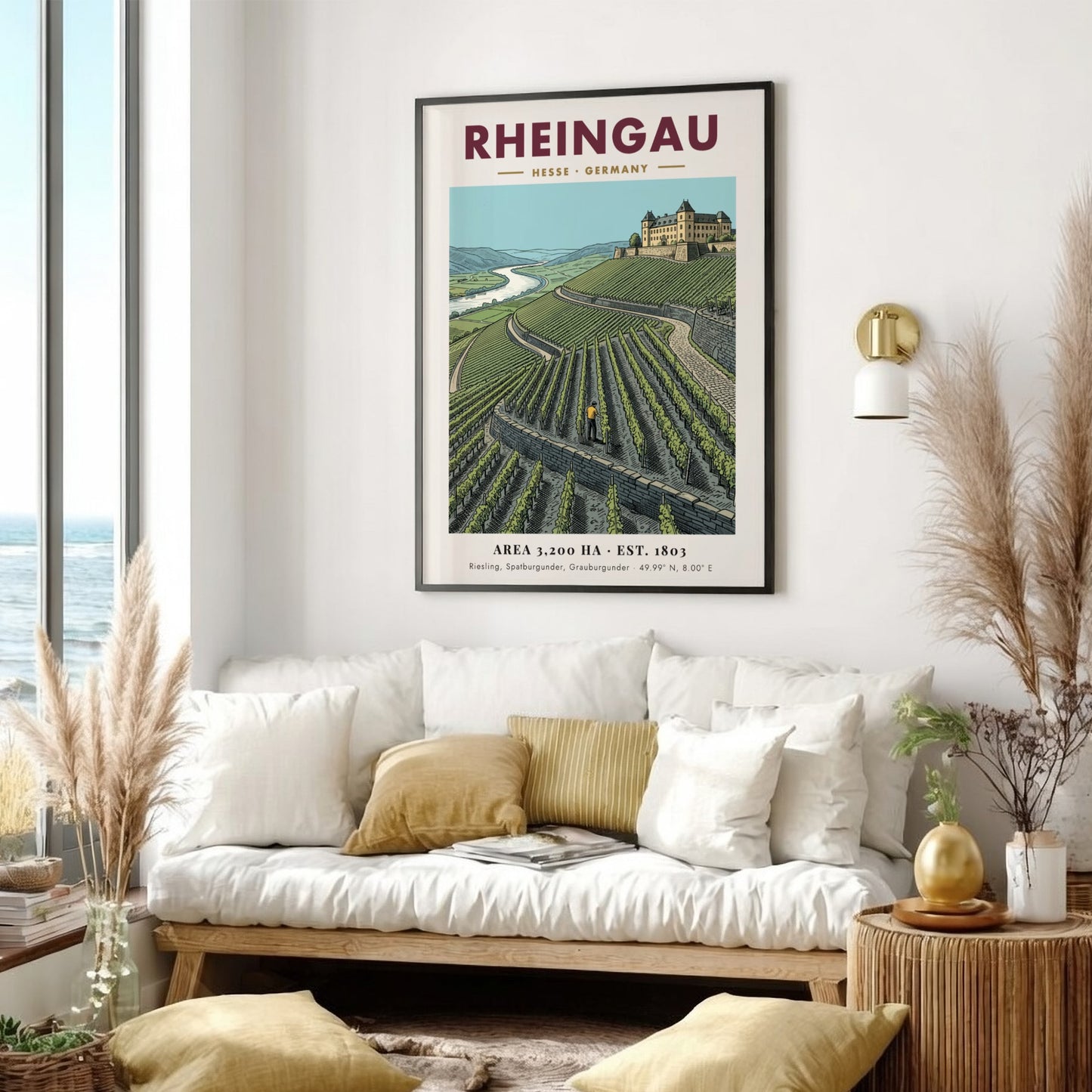 Poster featuring the Rheingau wine region with green vineyards and a historic castle.