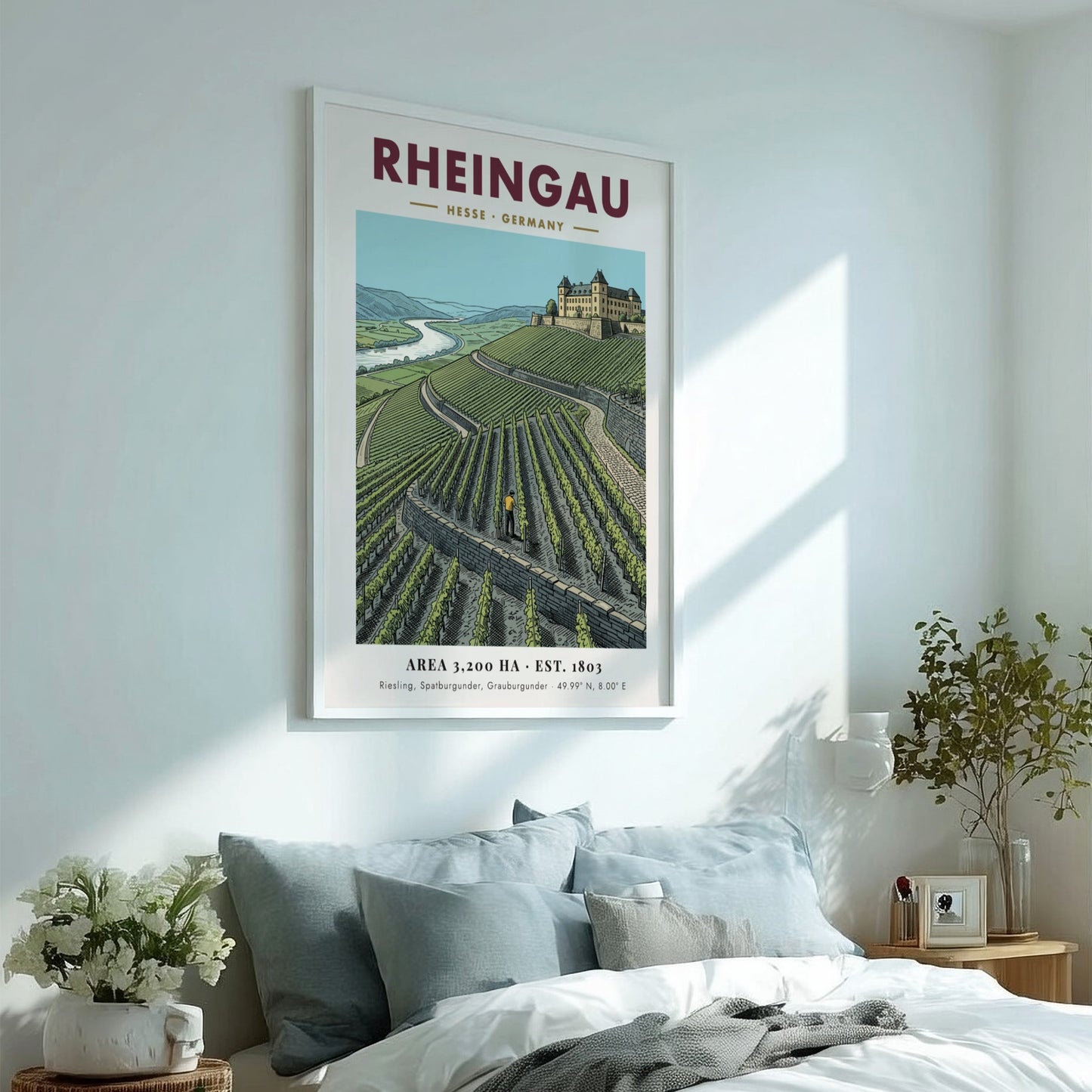 Poster featuring the Rheingau wine region with green vineyards and a historic castle.