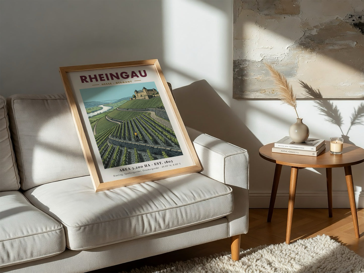 Poster featuring the Rheingau wine region with green vineyards and a historic castle.