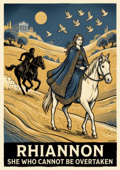 Poster featuring Rhiannon on a white horse with a dark rider and birds.