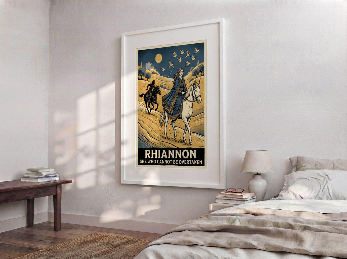 Poster featuring Rhiannon on a white horse with a dark rider and birds.