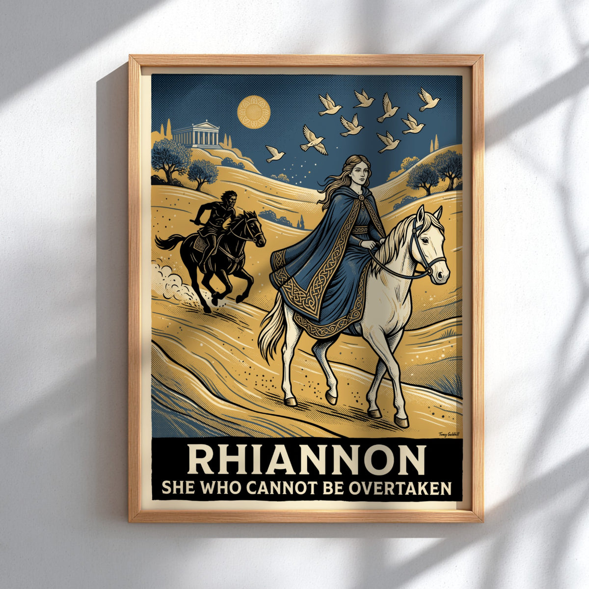 Poster featuring Rhiannon on a white horse with a dark rider and birds.