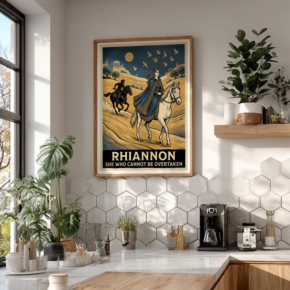 Poster featuring Rhiannon on a white horse with a dark rider and birds.
