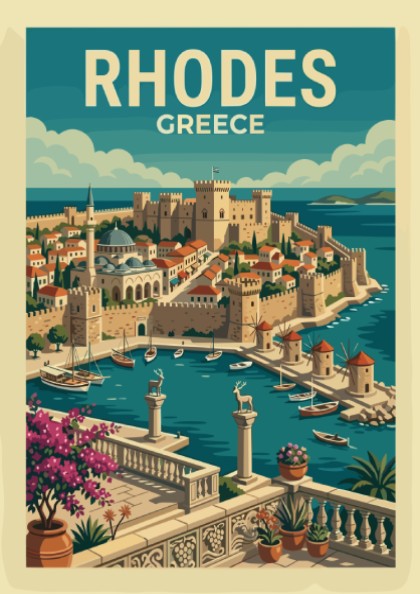 Vintage travel poster of Rhodes harbor, Greece, featuring a castle, windmills, and boats in blue and earth