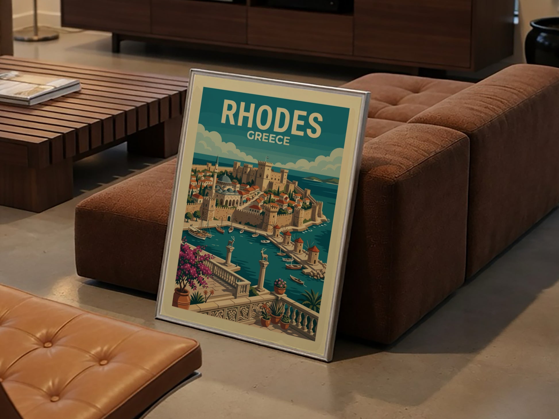 Vintage travel poster of Rhodes harbor, Greece, featuring a castle, windmills, and boats in blue and earth