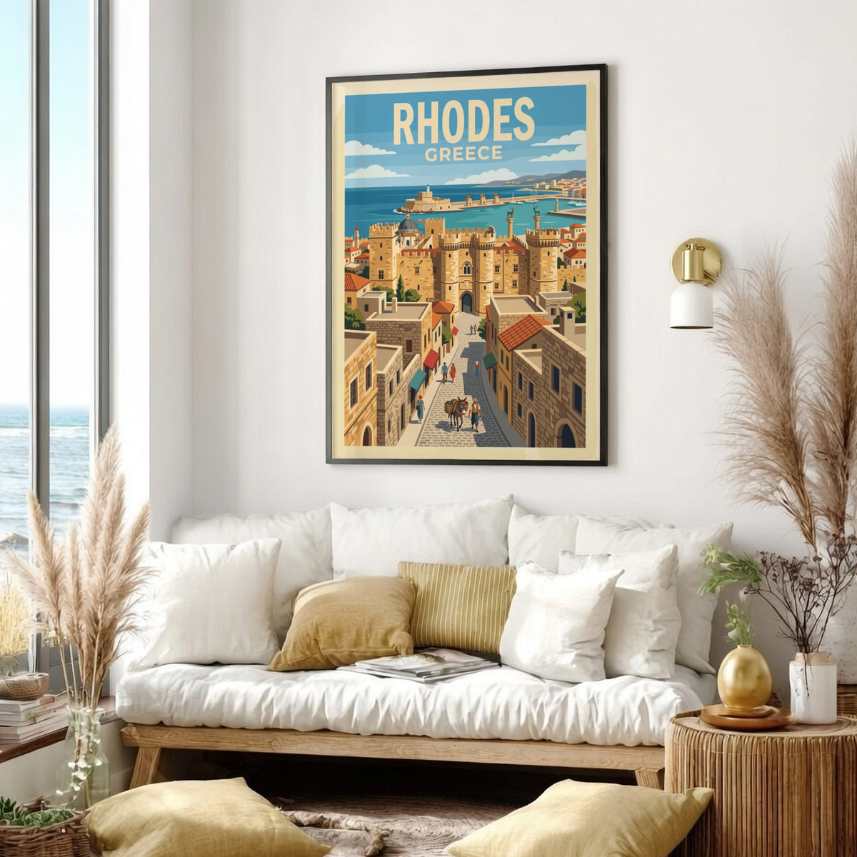 Travel poster of Rhodes Greece featuring stone medieval towers and a coastal harbor.
