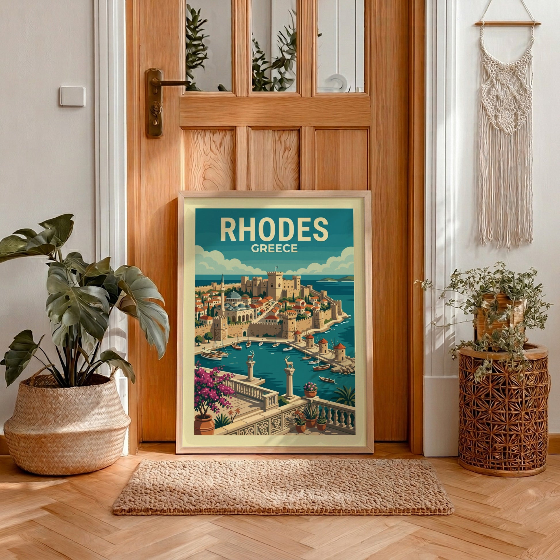 Vintage travel poster of Rhodes harbor, Greece, featuring a castle, windmills, and boats in blue and earth