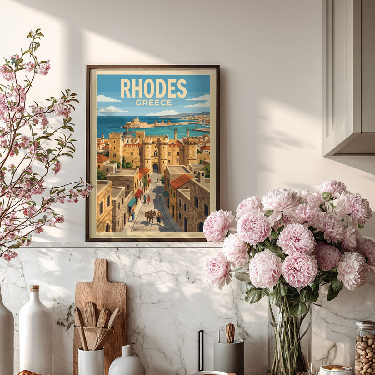 Travel poster of Rhodes Greece featuring stone medieval towers and a coastal harbor.